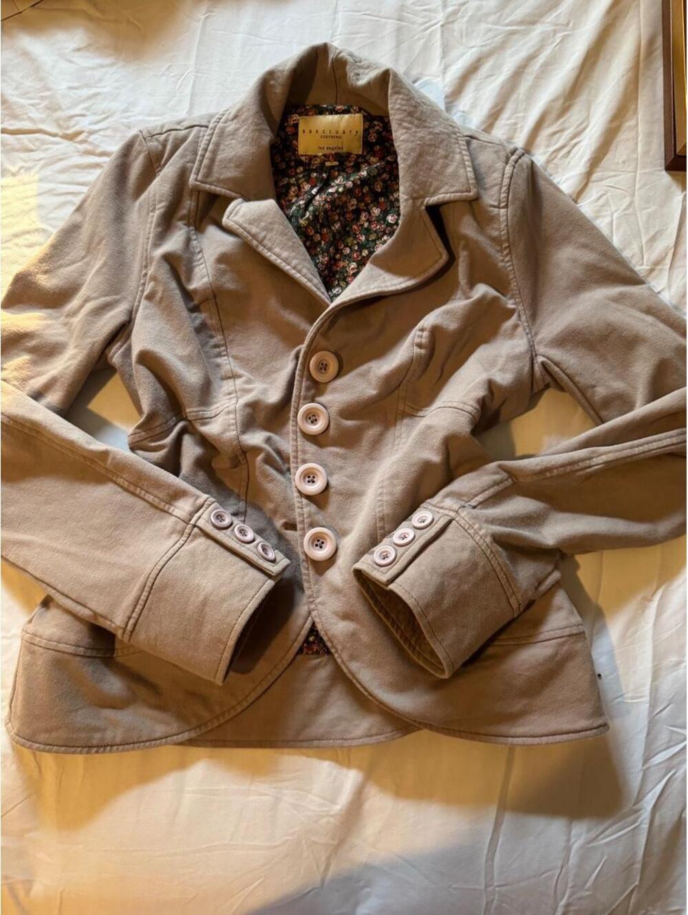 Sanctuary Clothing Taupe Button-Up Blazer Jacket Floral Lining small